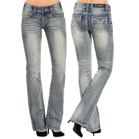 50%OFF レディースカジュアルジーンズ ロックンロールカウガールラインストーン刺繍入りジーンズ - 中層、ブーツカット（女性用） Rock and Roll Cowgirl Rhinestone Embroidered Jeans - Mid Rise Bootcut (For Women)